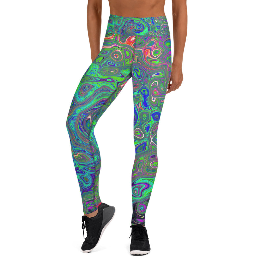 Yoga Leggings for Women, Trippy Chartreuse and Blue Retro Liquid Swirl