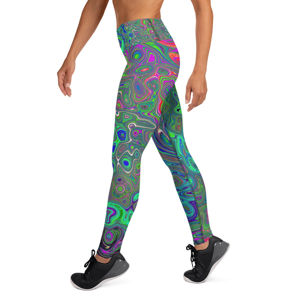 Yoga Leggings for Women, Trippy Chartreuse and Blue Retro Liquid Swirl