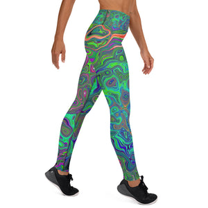 Yoga Leggings for Women, Trippy Chartreuse and Blue Retro Liquid Swirl