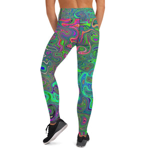 Yoga Leggings for Women, Trippy Chartreuse and Blue Retro Liquid Swirl