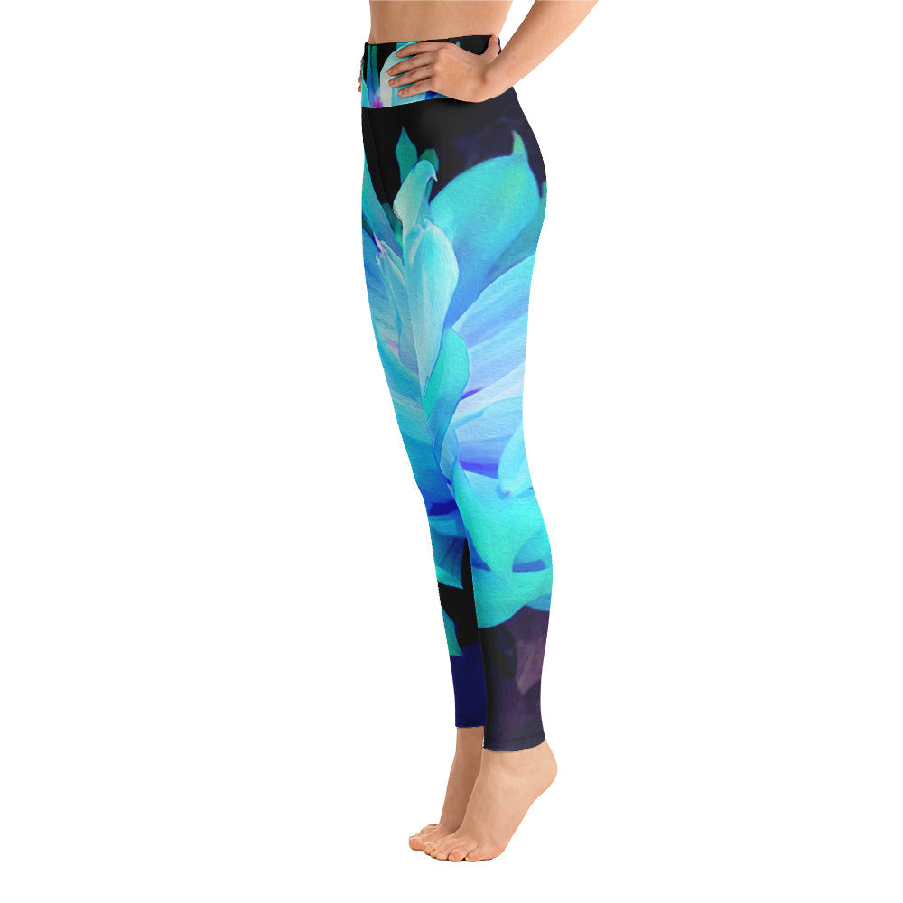 Yoga Leggings for Women, Stunning Aqua Blue and Green Cactus Dahlia