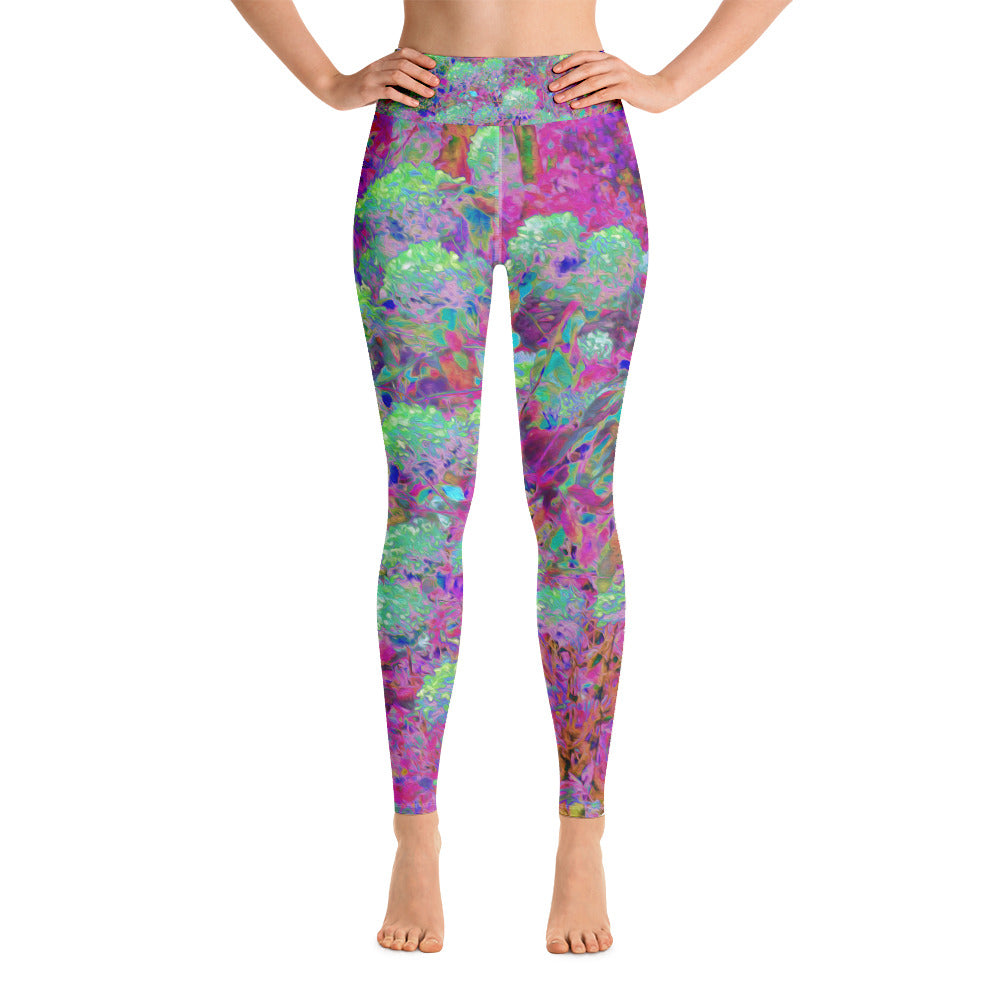 Yoga Leggings for Women, Magenta Garden with Aqua Hydrangea Flowers