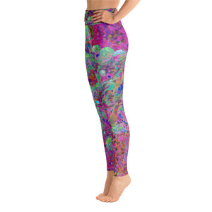 Yoga Leggings for Women, Magenta Garden with Aqua Hydrangea Flowers