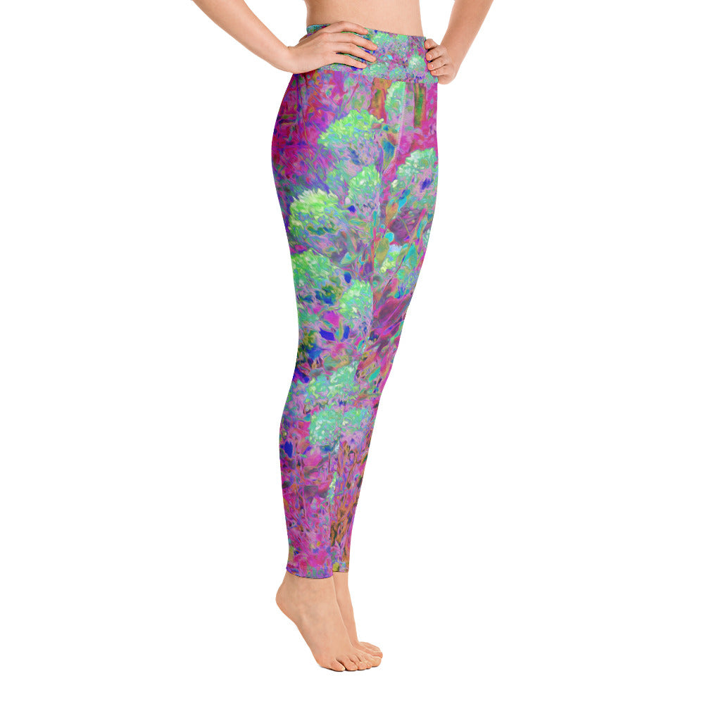 Yoga Leggings for Women, Magenta Garden with Aqua Hydrangea Flowers