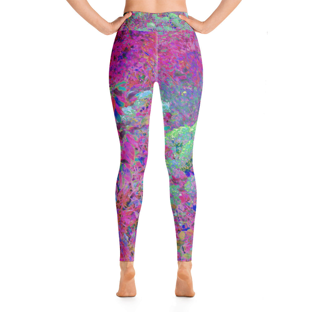 Yoga Leggings for Women, Magenta Garden with Aqua Hydrangea Flowers