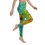 Yoga Leggings for Women, Trippy Yellow and Red Wildflowers on Retro Blue