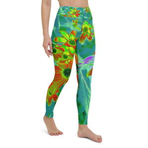 Yoga Leggings for Women, Trippy Yellow and Red Wildflowers on Retro Blue