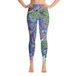 Yoga Leggings for Women, Marbled Lime Green and Purple Abstract Retro Swirl