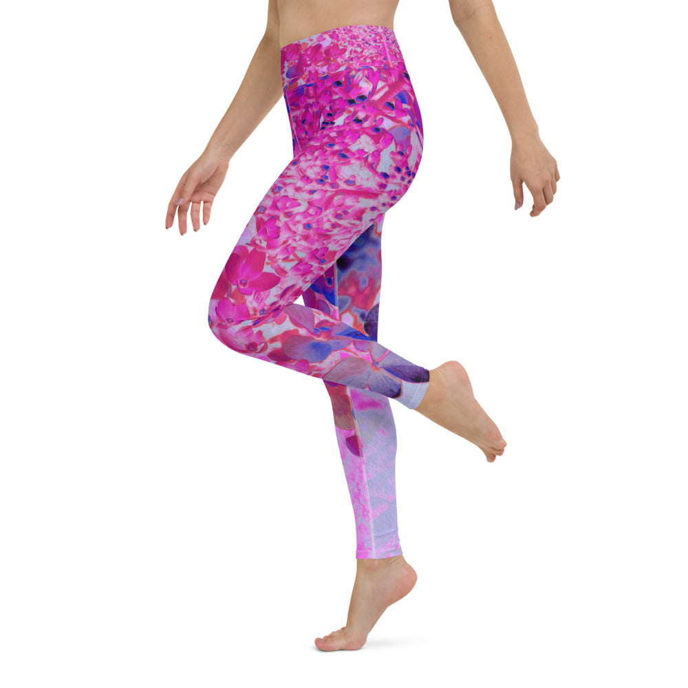 Yoga Leggings for Women, Elegant Fuchsia and Dark Blue Limelight Hydrangea