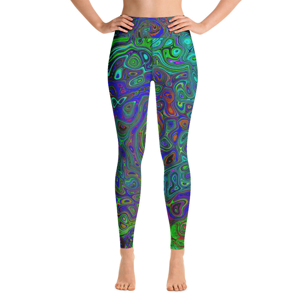 Yoga Leggings for Women, Marbled Blue and Aquamarine Abstract Retro Swirl