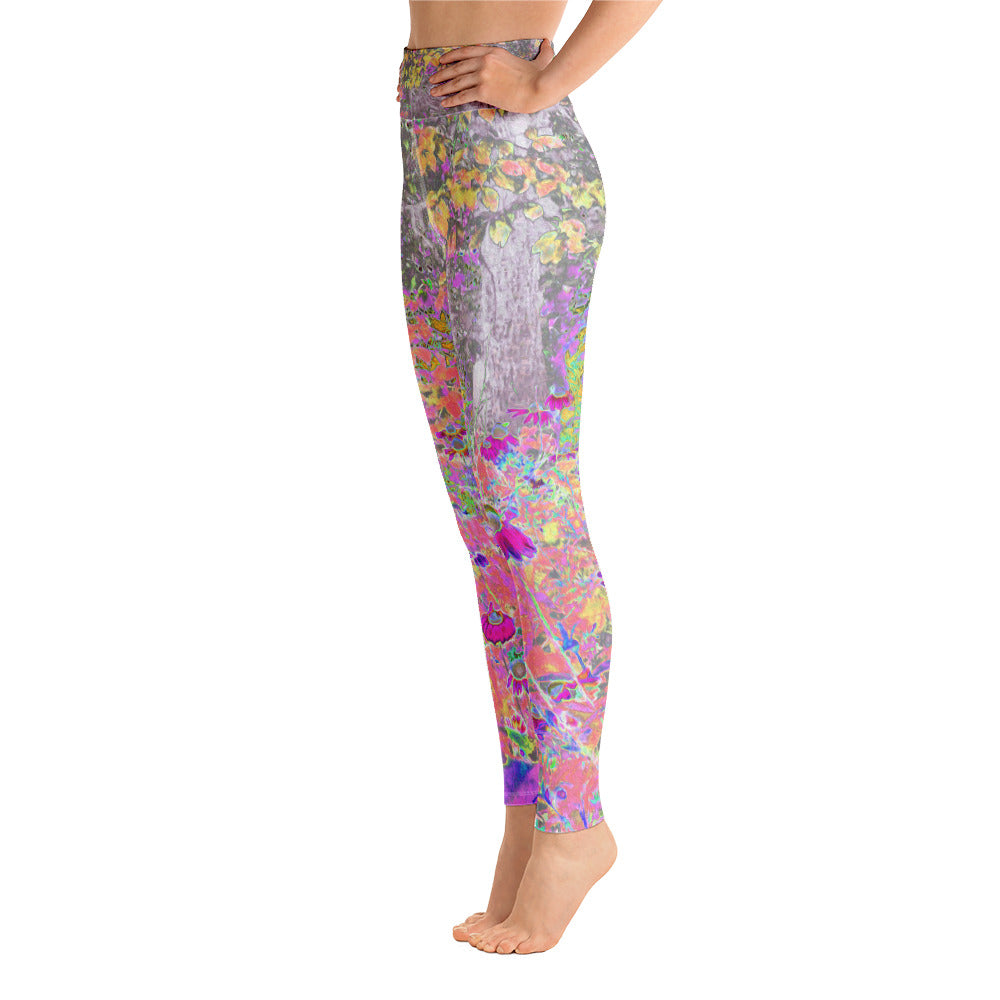 Yoga Leggings for Women, Watercolor Garden Sunrise with Purple Flowers