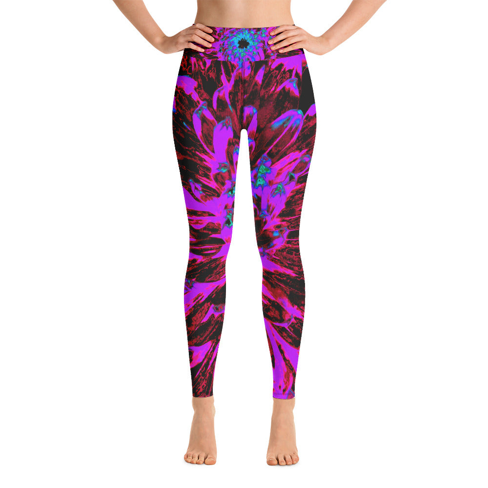 Yoga Leggings for Women, Dramatic Crimson Red, Purple and Black Dahlia