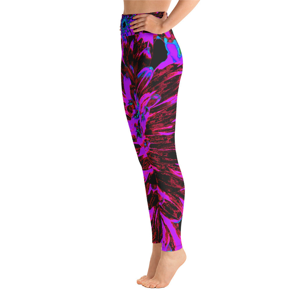 Yoga Leggings for Women, Dramatic Crimson Red, Purple and Black Dahlia