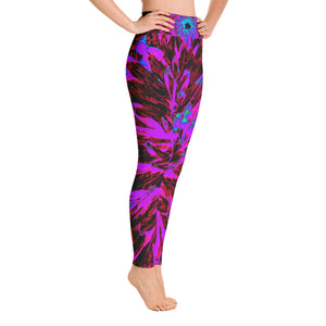 Yoga Leggings for Women, Dramatic Crimson Red, Purple and Black Dahlia