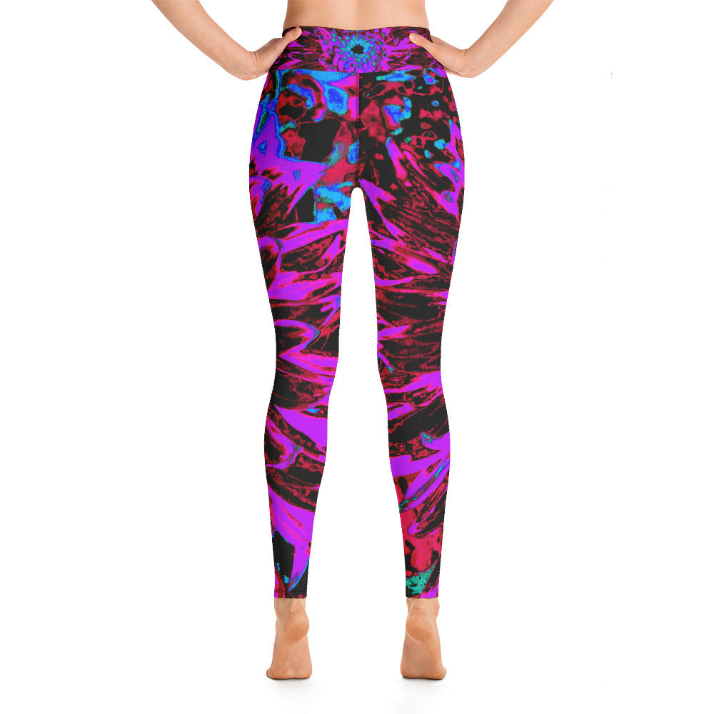 Yoga Leggings for Women, Dramatic Crimson Red, Purple and Black Dahlia