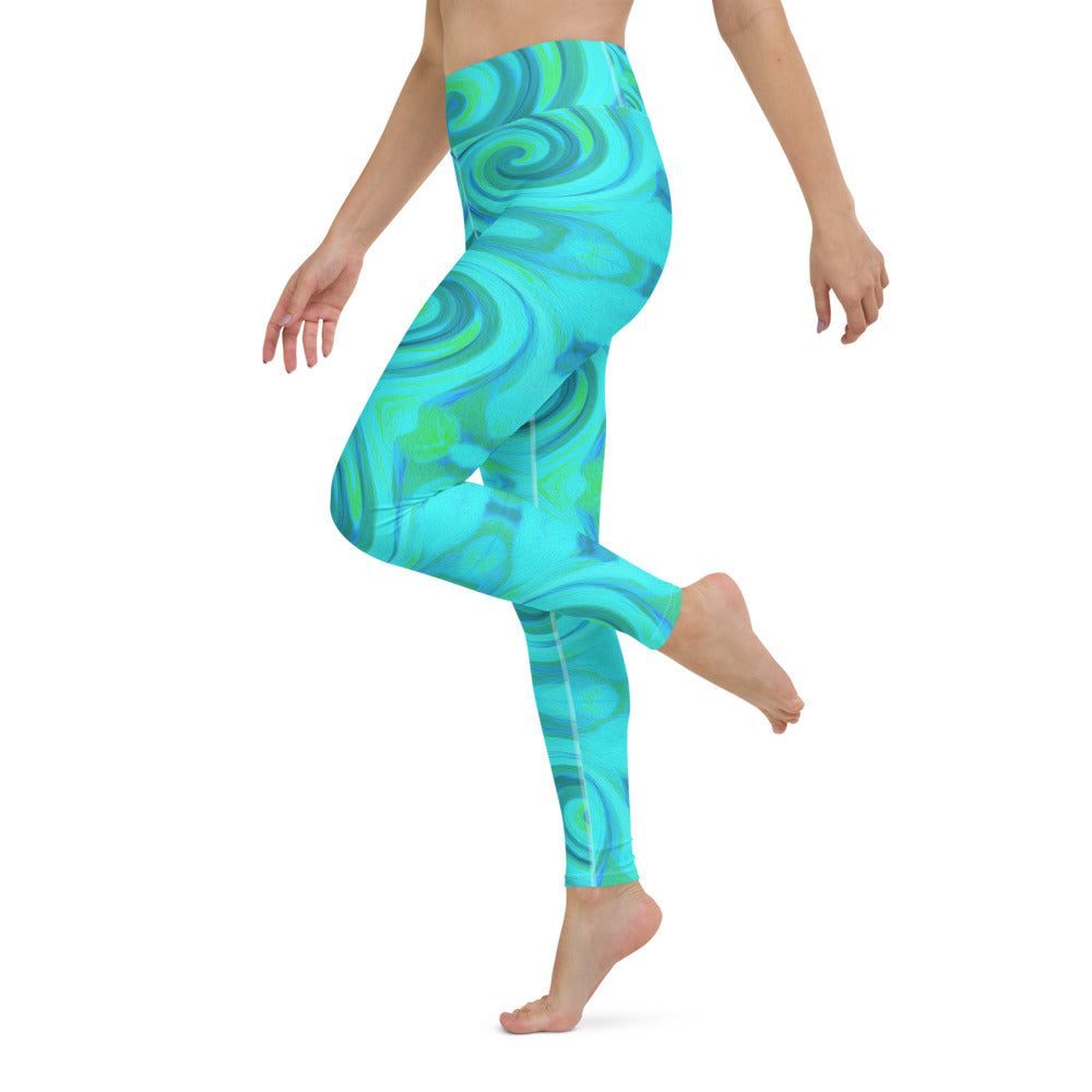 Yoga Leggings for Women, Groovy Cool Abstract Aqua Liquid Art Swirl Pattern