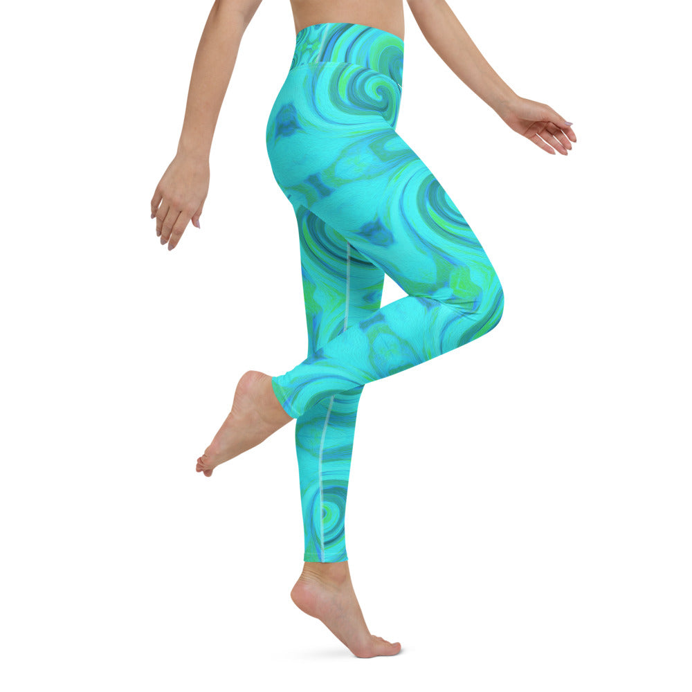 Yoga Leggings for Women, Groovy Cool Abstract Aqua Liquid Art Swirl Pattern