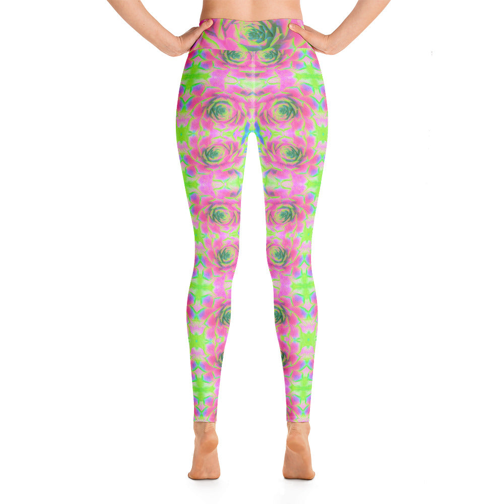 Yoga Leggings for Women, Sedum Rosette Pattern in Lime Green and Pink