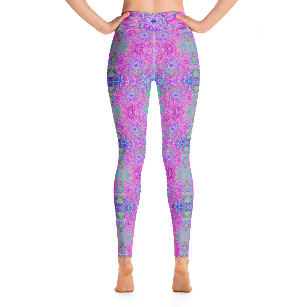 Yoga Leggings for Women, Abstract Dahlia Bloom Pattern in Purple and Pink