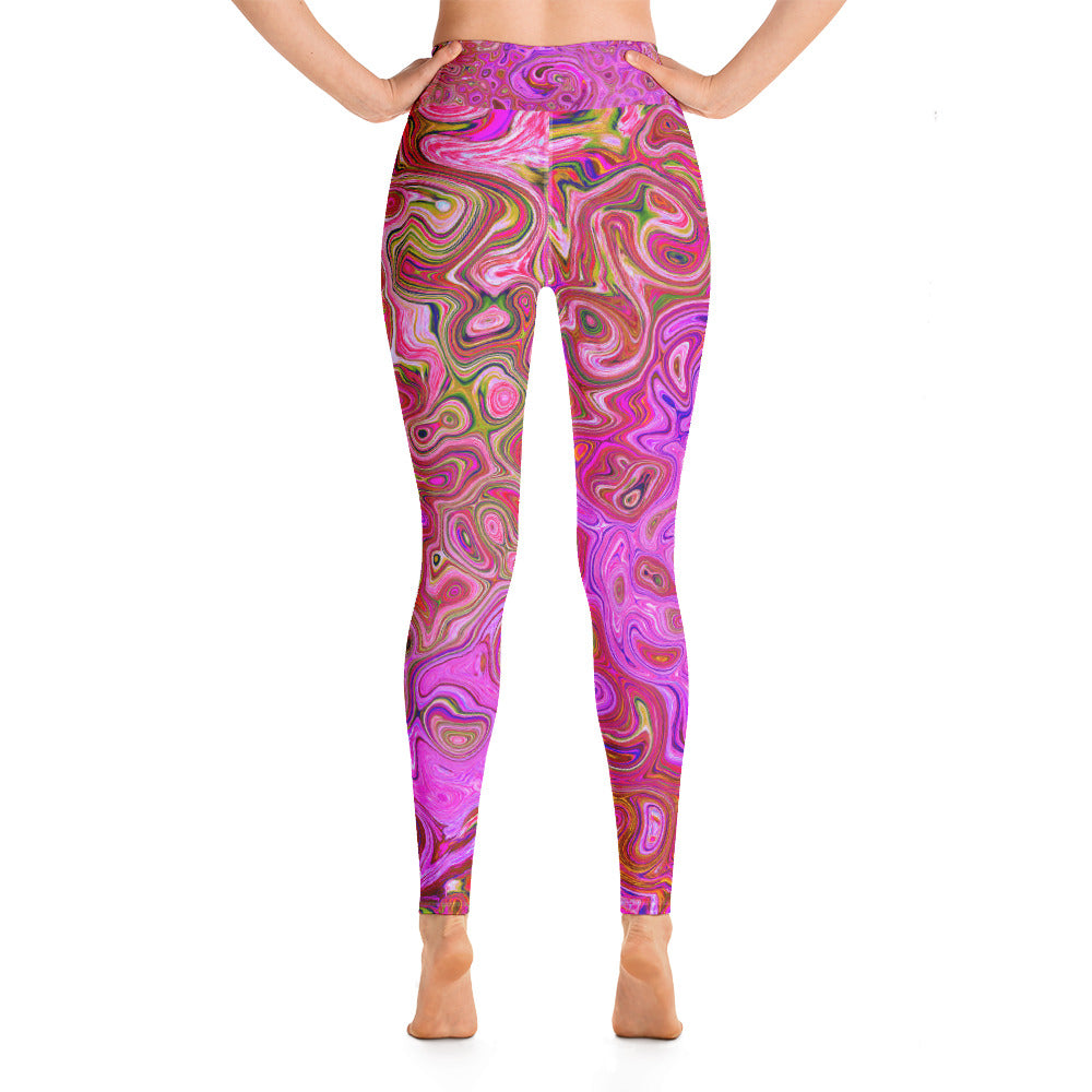 Yoga Leggings for Women, Hot Pink Marbled Colors Abstract Retro Swirl