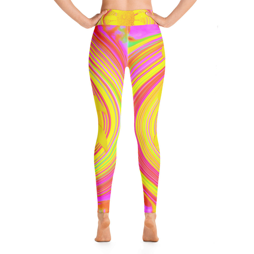 Yoga Leggings for Women, Yellow Sunflower on a Psychedelic Swirl