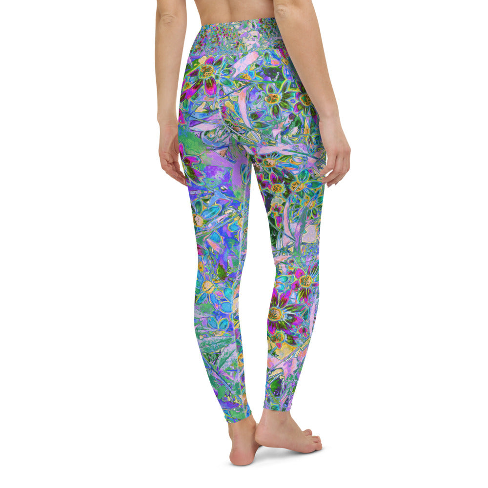 Yoga Leggings for Women, Retro Purple, Green and Blue Wildflowers on Pink
