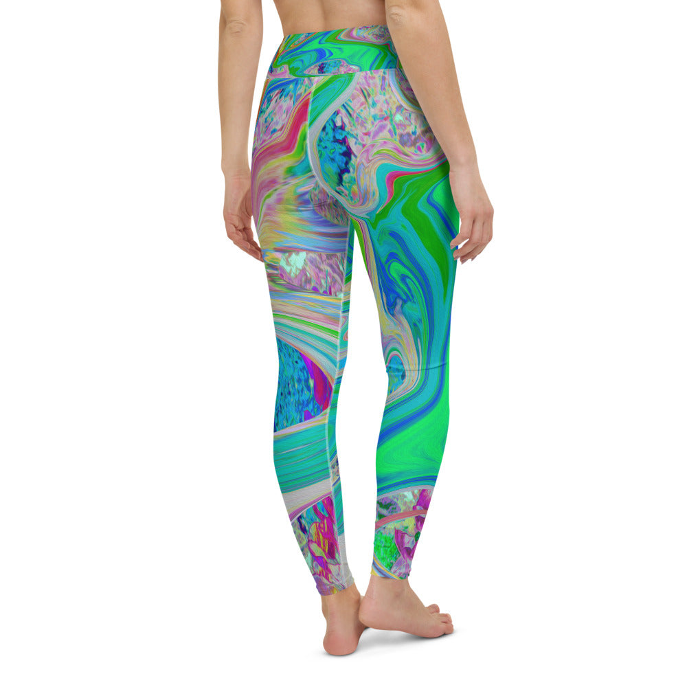 Yoga Leggings for Women, Colorful Marbled Lime Green Abstract Retro Liquid Art