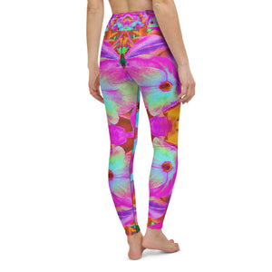 Yoga Leggings for Women, Hydrangea Flower Petals in Aqua, Magenta and Orange