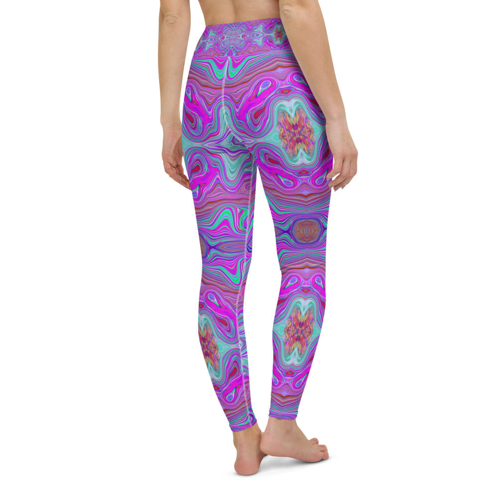 Yoga Leggings for Women, Wavy Magenta and Green Trippy Marbled Pattern