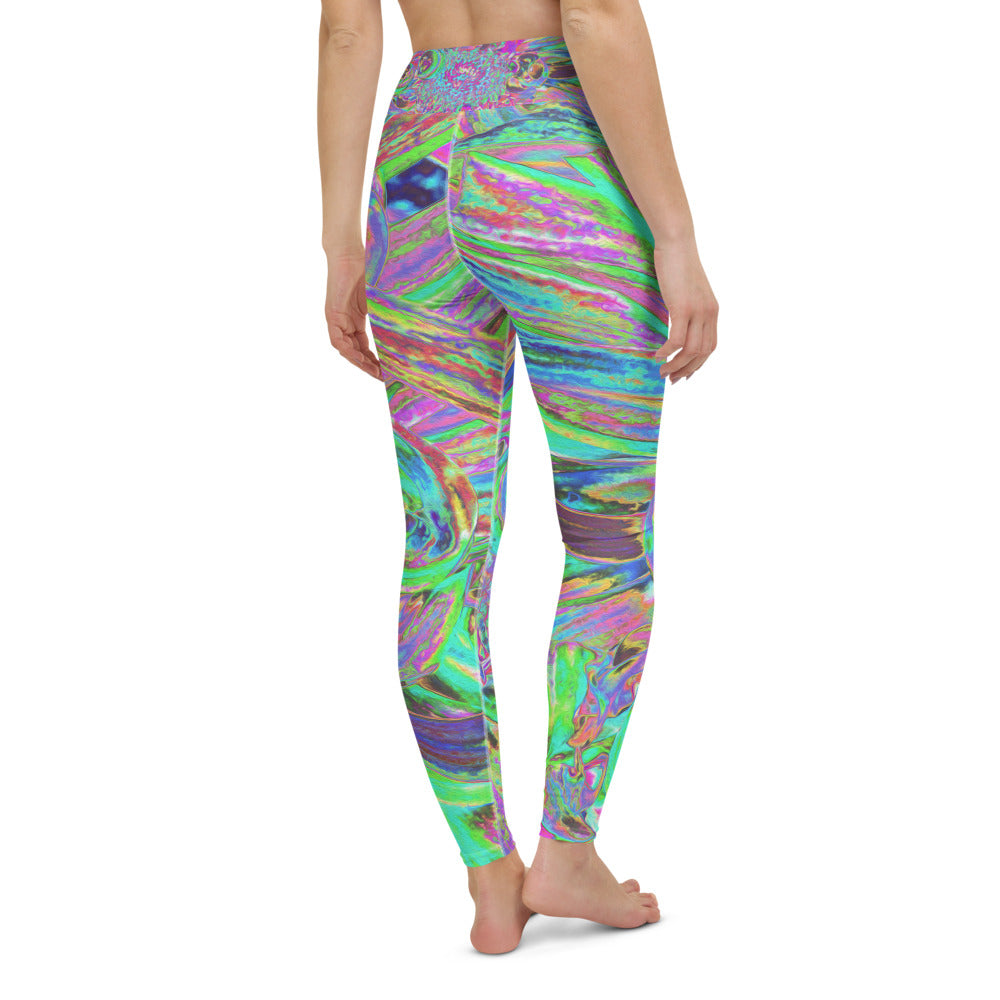 Yoga Leggings for Women, Festive Colorful Psychedelic Dahlia Flower Petals