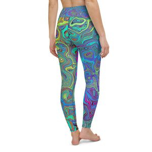 Yoga Leggings for Women, Magenta, Blue and Sea Foam Green Retro Swirl