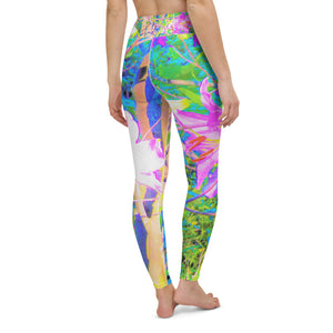 Colorful Floral Yoga Leggings, Abstract Oriental Lilies in My Rubio Garden