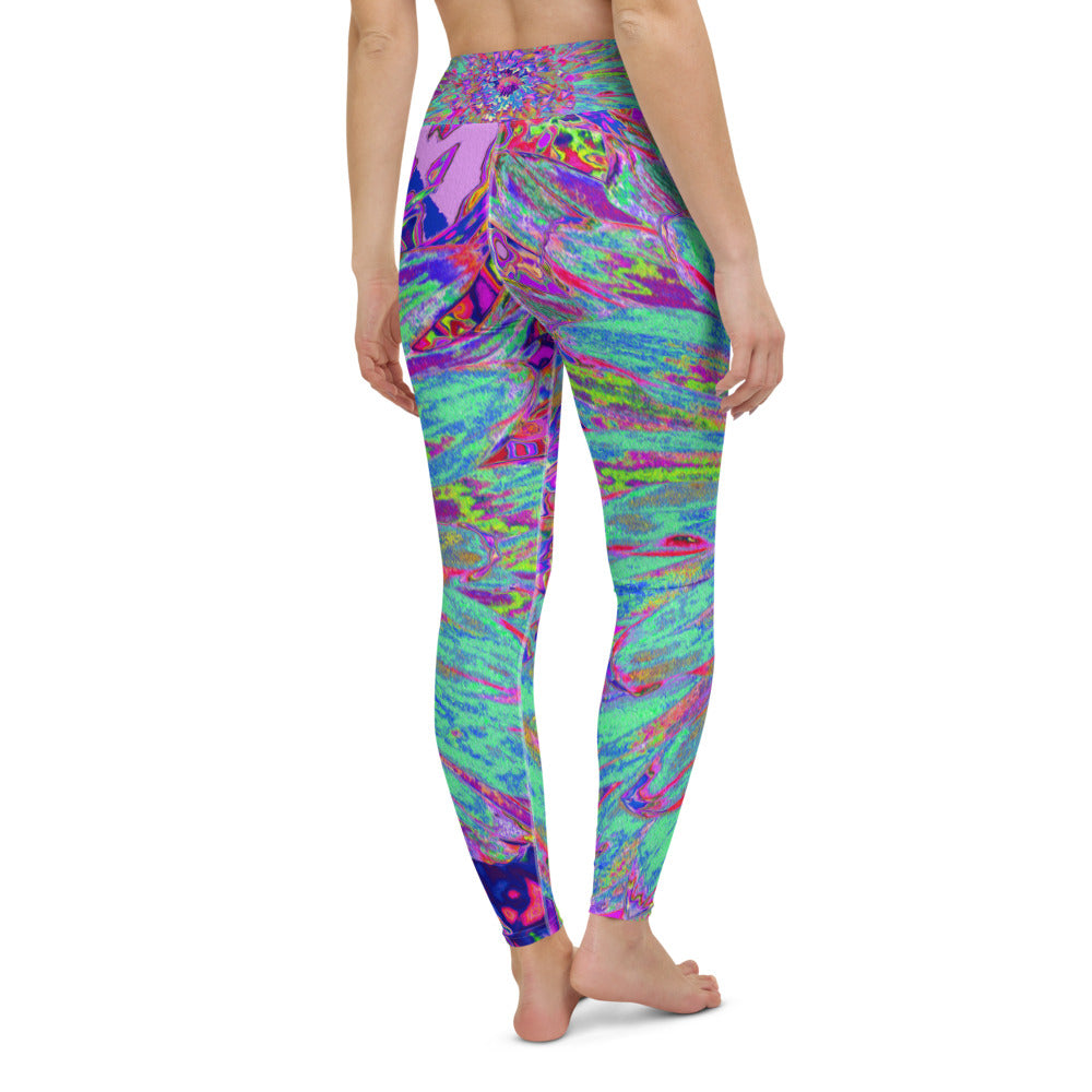 Colorful Yoga Leggings, Aquamarine Rainbow Color Abstract Dahlia Flower