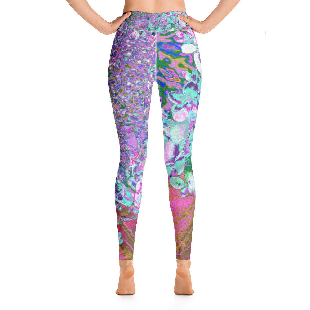 Yoga Leggings for Women, Elegant Aqua and Purple Limelight Hydrangea Detail