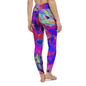 Floral Yoga Leggings for Women, Psychedelic Retro Crimson and Magenta Wildflowers