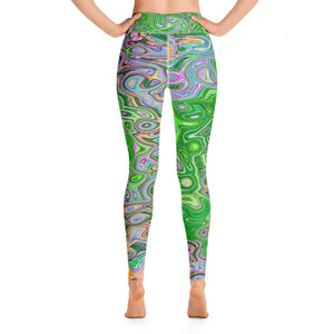 Colorful Groovy Yoga Leggings, Trippy Lime Green and Pink Abstract Retro Swirl
