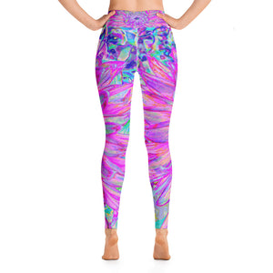 Yoga Leggings for Women, Cool Pink Blue and Purple Artsy Dahlia Bloom