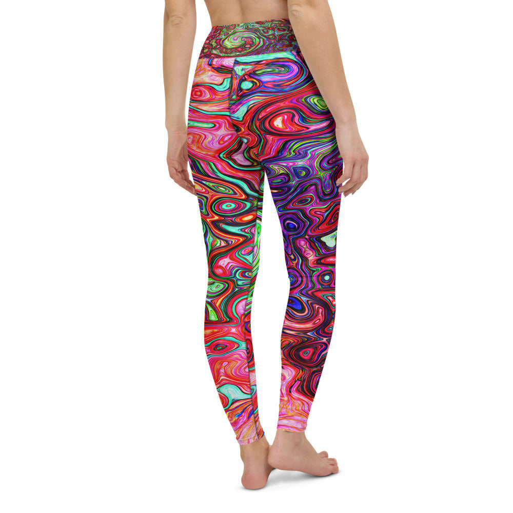 Yoga Leggings for Women, Watercolor Red Groovy Abstract Retro Liquid Swirl