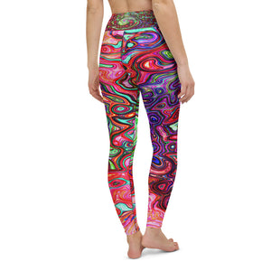 Yoga Leggings for Women, Watercolor Red Groovy Abstract Retro Liquid Swirl