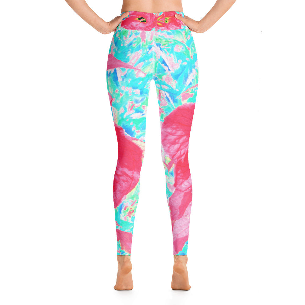 Floral Yoga Leggings for Women, Two Rosy Red Coral Plum Crazy Hibiscus on Aqua