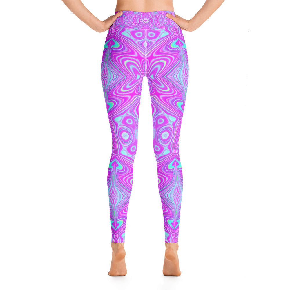 Yoga Leggings for Women, Trippy Hot Pink and Aqua Blue Abstract Pattern