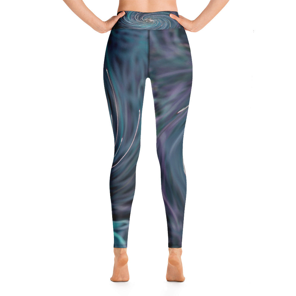 Yoga Leggings for Women, Cool Abstract Retro Black and Teal Cosmic Swirl