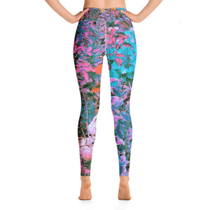 Yoga Leggings for Women, Abstract Coral, Pink, Green and Aqua Garden Foliage