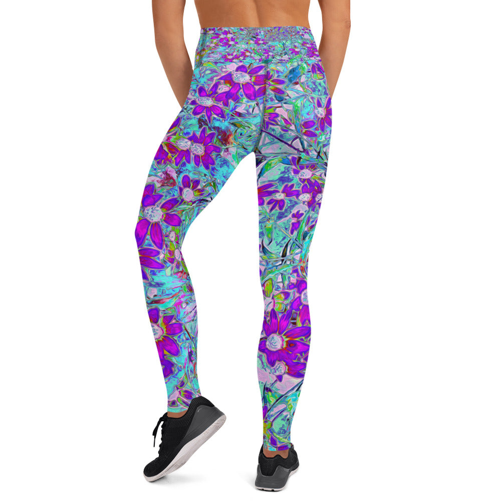 Yoga Leggings for Women, Aqua Garden with Violet Blue and Hot Pink Flowers