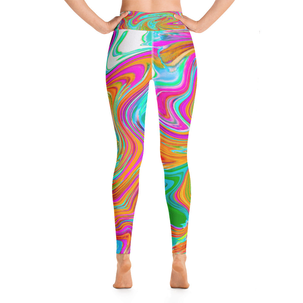 Yoga Leggings for Women, Blue, Orange and Hot Pink Groovy Abstract Retro Art