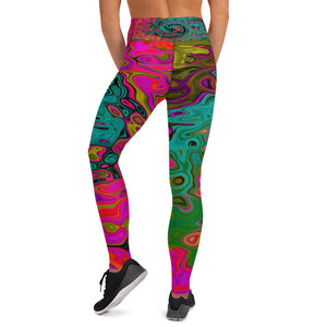 Yoga Leggings for Women, Trippy Turquoise Abstract Retro Liquid Swirl