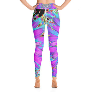 Yoga Leggings for Women, Trippy Abstract Aqua, Lime Green and Purple Dahlia