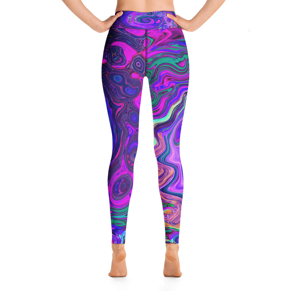 Yoga Leggings for Women, Groovy Abstract Retro Magenta and Purple Swirl