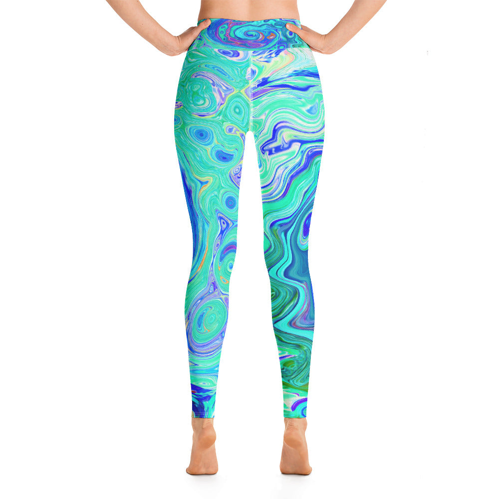 Yoga Leggings for Women, Groovy Abstract Ocean Blue and Green Liquid Swirl