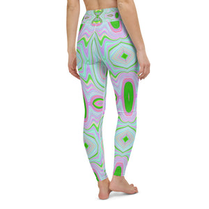 Yoga Leggings for Women, Retro Abstract Pink, Lime Green and Aqua Pattern